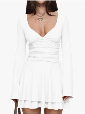 MISNG White Sexy V-neck Ruffle Hem Mini Dress Ruched Waist Short Party Dress